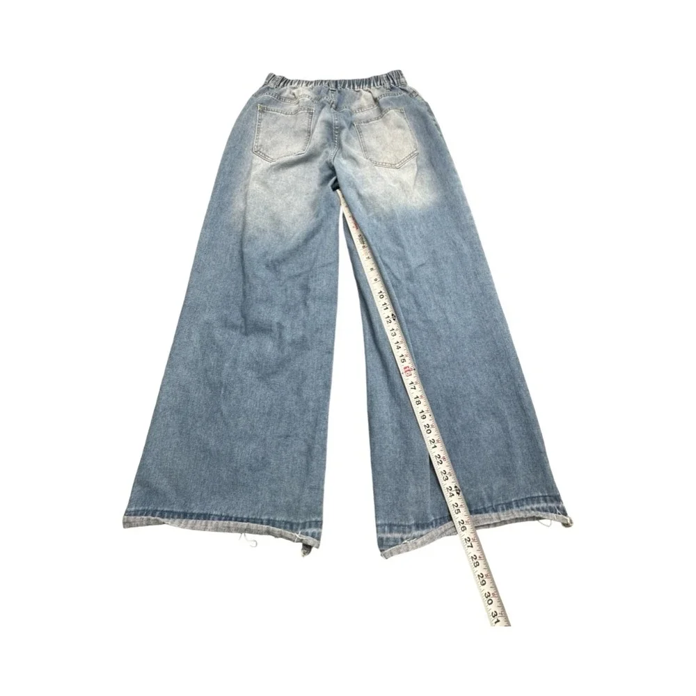 SHEIN Curve Jeans Womens 0XL Light Wash Star Patchwork Wide Leg Distressed Denim - Picture 5 of 11